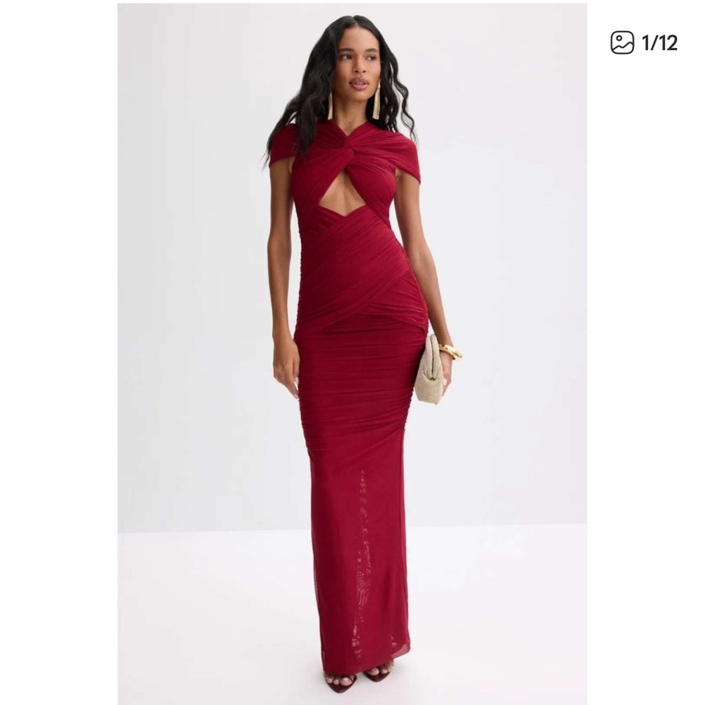 Ronny Kobo Burgundy Ruched Crisscross Cutout Mesh Maxi Dress